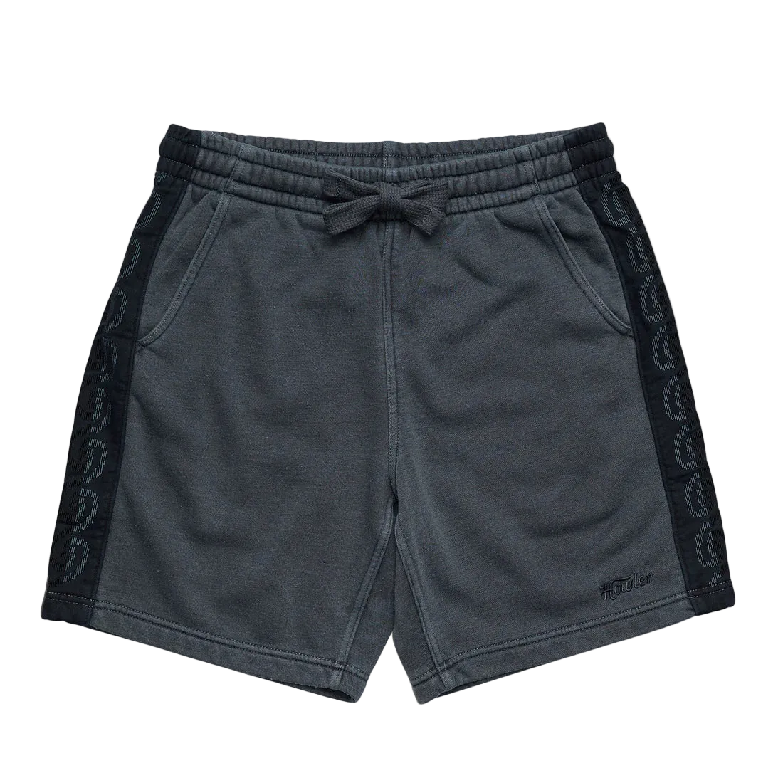 Howler Brothers Palmetto Chill Shorts Washed Navy flat lay – men's cotton blend French terry shorts with contrast side panels and drawcord waist