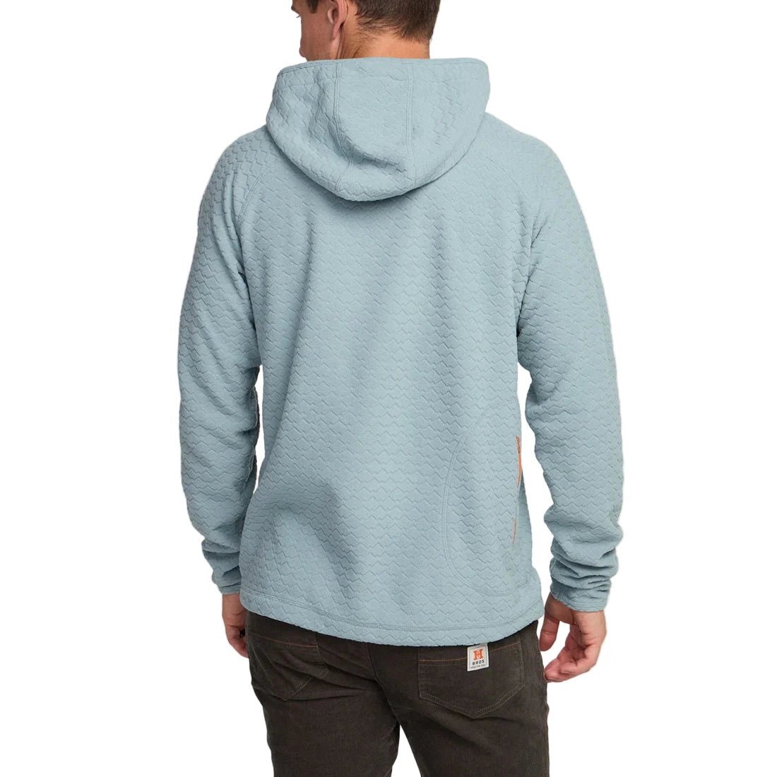 Back view of Palo Duro fleece hoodie in iron blue with hood up, shown on model