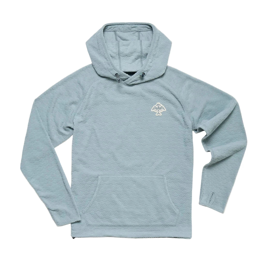 Flat lay of Howler Brothers Palo Duro fleece hoodie in iron blue color