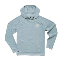 Flat lay of Howler Brothers Palo Duro fleece hoodie in iron blue color