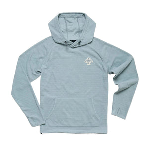 Flat lay of Howler Brothers Palo Duro fleece hoodie in iron blue color