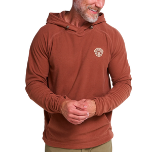 Man in the Mink Brown Palo Duro Fleece Hoodie showing raglan sleeves, button hood placket and Howler chest patch, front view, The Simple Man