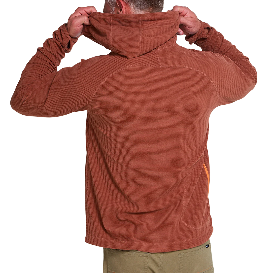 Back view of the Mink Brown Palo Duro Fleece Hoodie showing grid fleece texture and orange zippered stash pocket, The Simple Man
