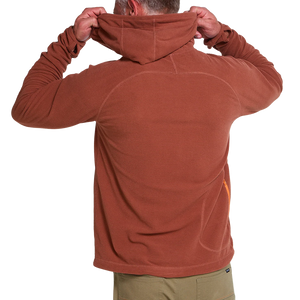 Back view of the Mink Brown Palo Duro Fleece Hoodie showing grid fleece texture and orange zippered stash pocket, The Simple Man