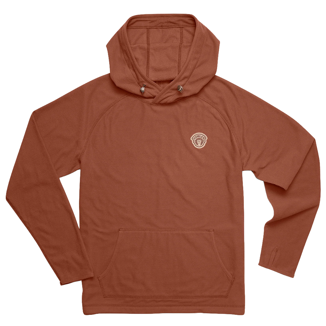 Mink Brown grid fleece pullover hoodie with kangaroo pocket and Howler chest patch, Palo Duro Fleece Hoodie, flat lay front view, The Simple Man