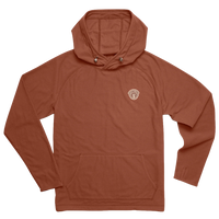 Mink Brown grid fleece pullover hoodie with kangaroo pocket and Howler chest patch, Palo Duro Fleece Hoodie, flat lay front view, The Simple Man