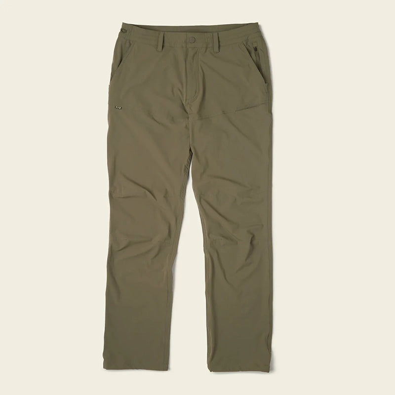 Howler Brothers Shoalwater tech pants in oregano color, flat lay view