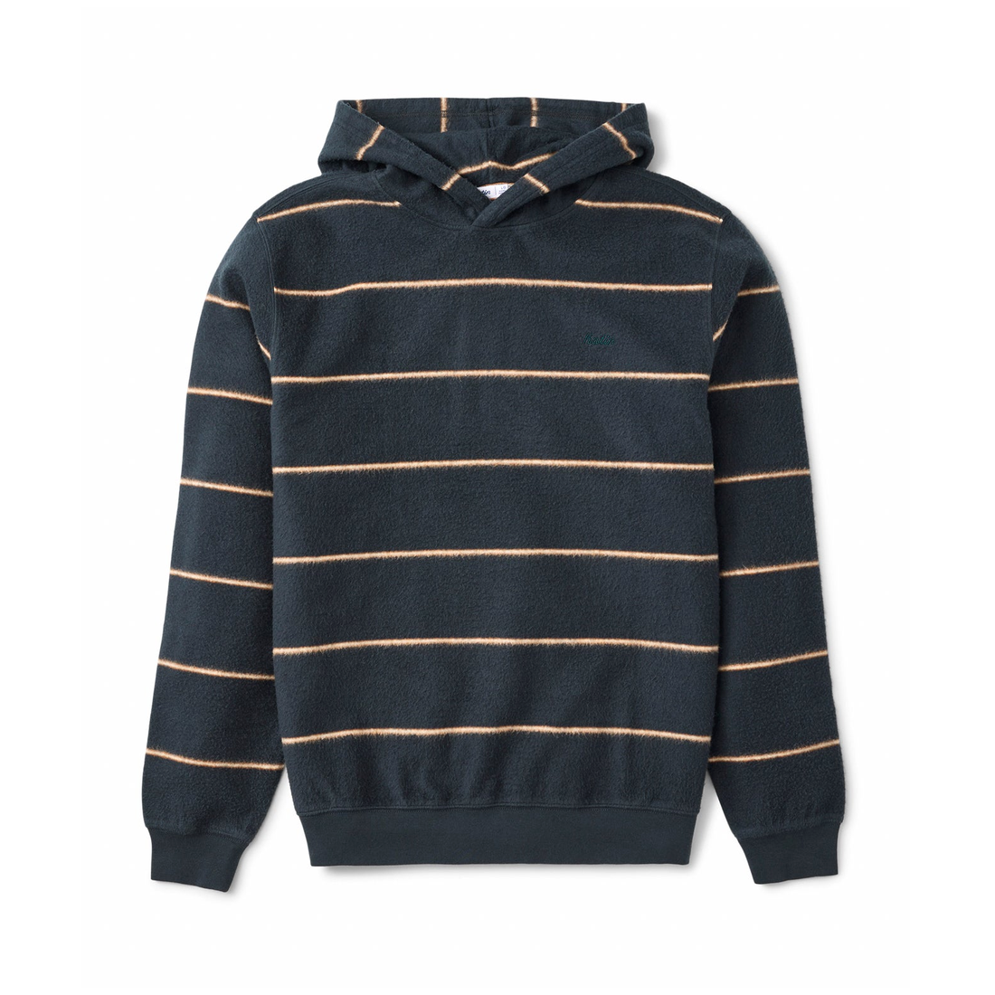 Parks Hood in Black Wash, flat lay front view showing thin tan stripes, a pullover hood and ribbed cuffs