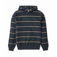 Parks Hood in Black Wash, flat lay front view showing thin tan stripes, a pullover hood and ribbed cuffs