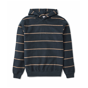 Parks Hood in Black Wash, flat lay front view showing thin tan stripes, a pullover hood and ribbed cuffs
