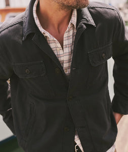 Faded Black overshirt, chest pocket and button detail view - The Simple Man