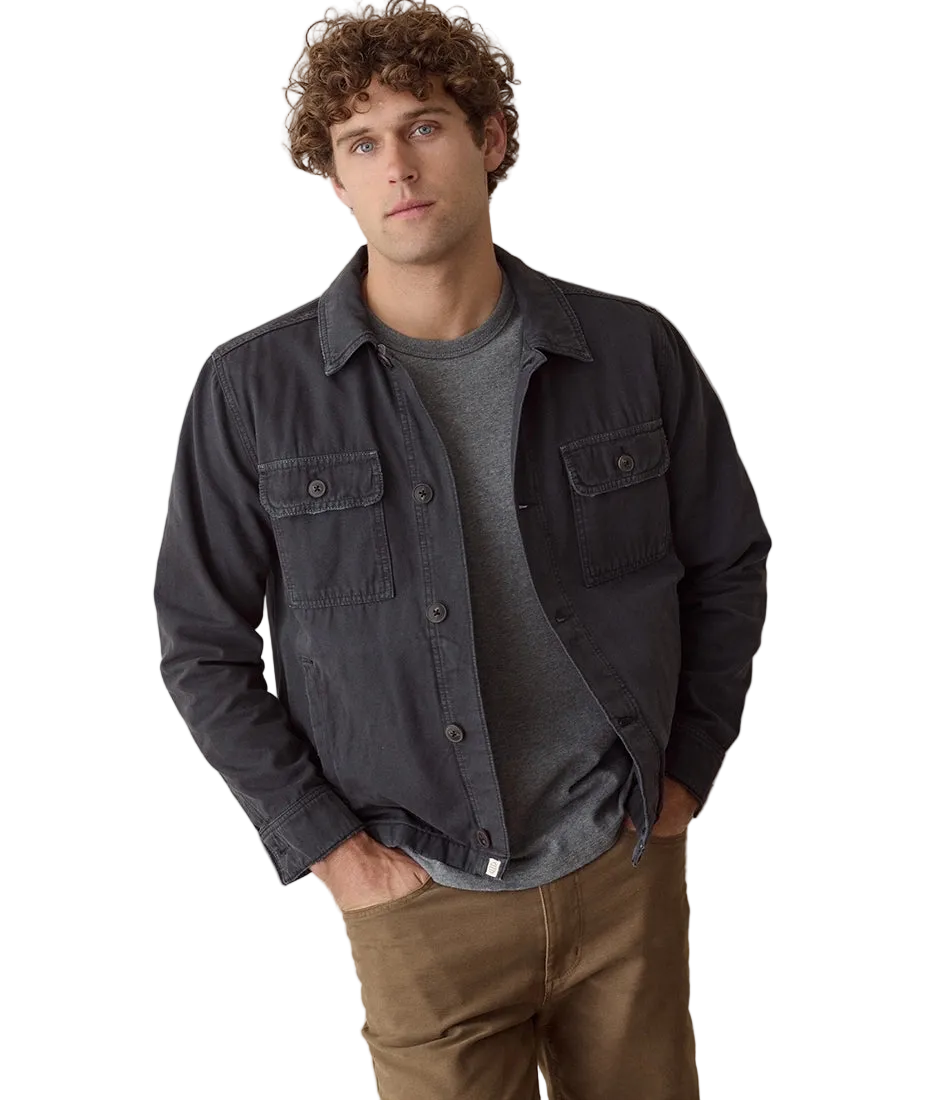 Man wearing Faded Black overshirt over grey tee, front view on model - The Simple Man