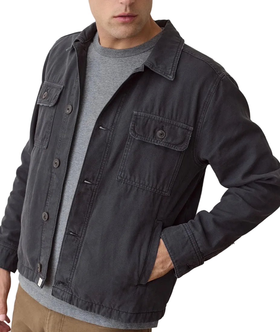 Faded Black overshirt, hand pocket and collar detail view - The Simple Man