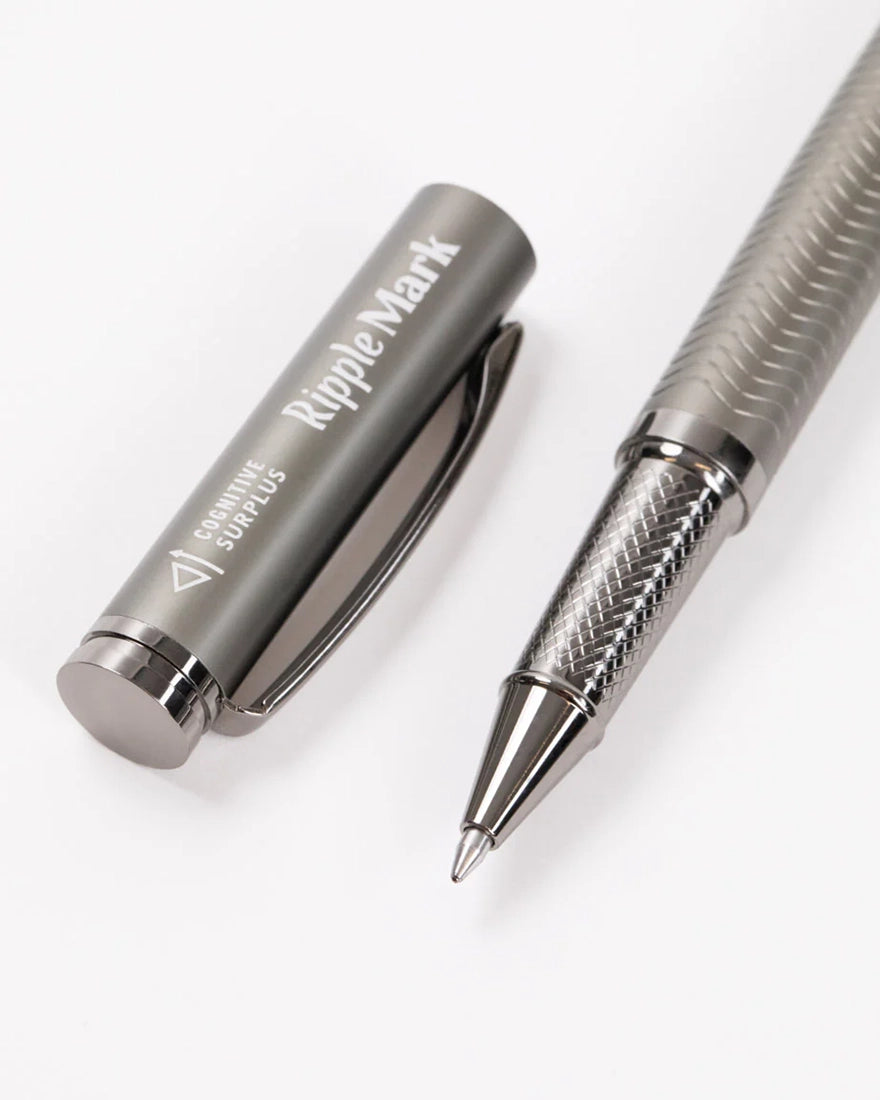 Close-up of Ripple Mark Pen rollerball tip and etched metal grip – stylish writing pen from The Simple Man