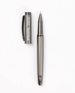 Ripple Mark metal rollerball pen with textured body and cap removed – Cognitive Surplus design sold by The Simple Man
