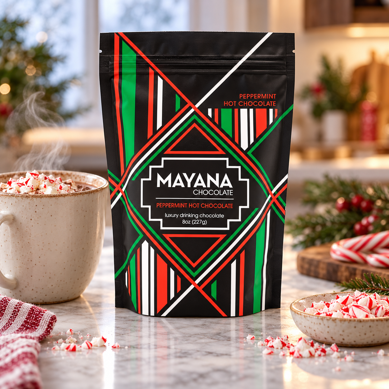 Peppermint hot chocolate bag next to a mug of cocoa topped with crushed peppermint, holiday table setting, The Simple Man