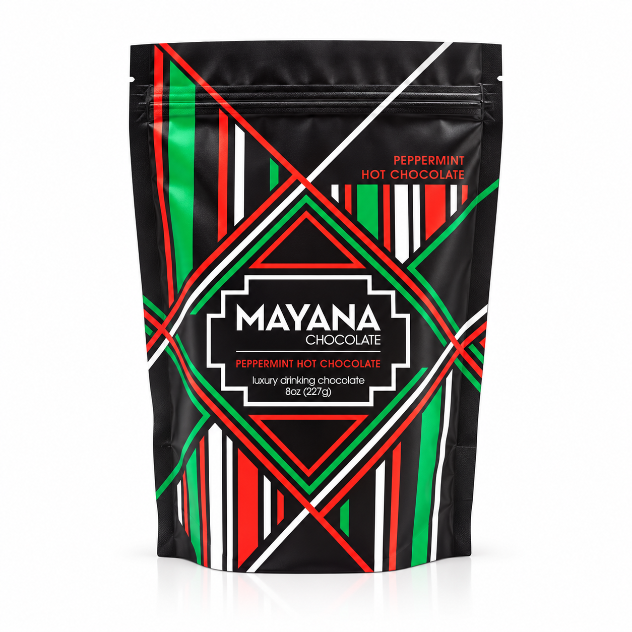 Peppermint hot chocolate 8 oz resealable bag in black with red and green geometric lines, front view, The Simple Man