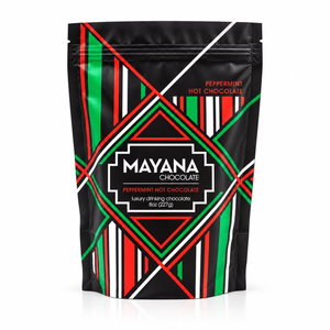 Peppermint hot chocolate 8 oz resealable bag in black with red and green geometric lines, front view, The Simple Man