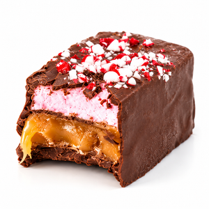 Cutaway of a Peppermint mini chocolate bar showing peppermint marshmallow and salted caramel under crushed candy cane, The Simple Man