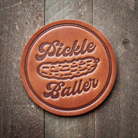 Sugar House Leather Coaster with "Pickleballer" stamped into it
