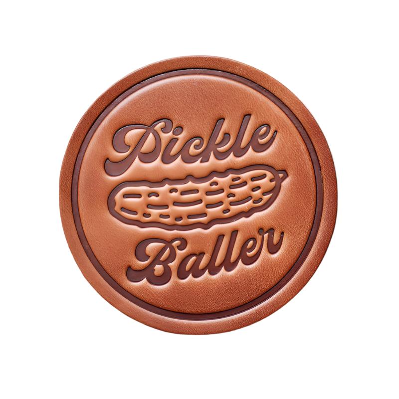 Sugar House Leather Coaster with "Pickleballer" stamped into it