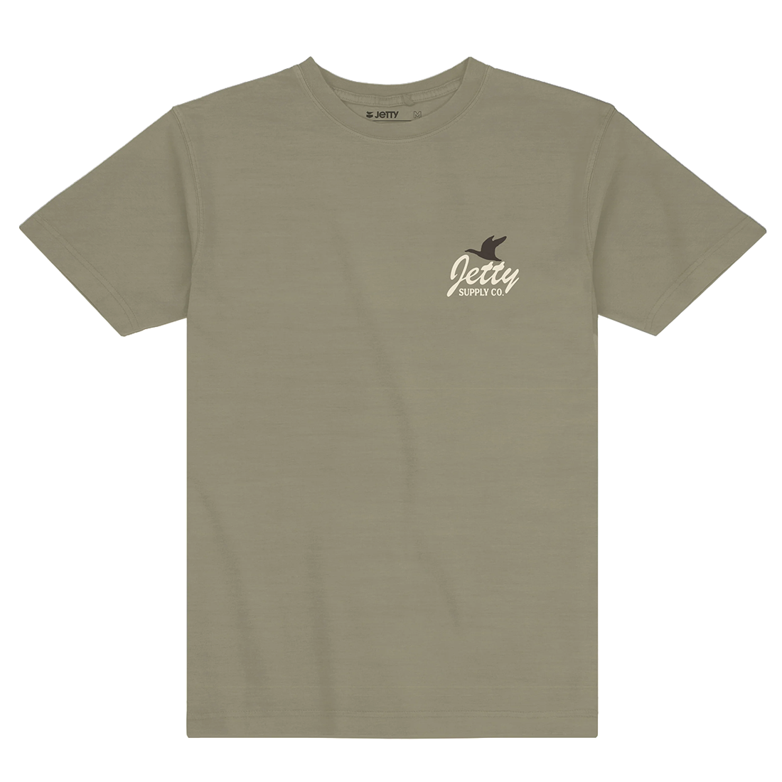 Military green cotton tee with small duck and wordmark chest logo, Pickup Tee front flat lay - The Simple Man