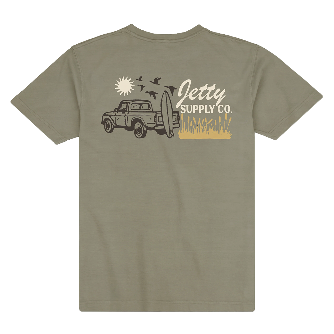 Military green cotton graphic tee with truck, birds, and wordmark print, Pickup Tee back flat lay - The Simple Man
