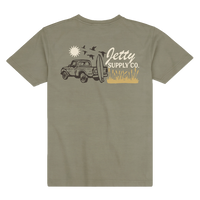 Military green cotton graphic tee with truck, birds, and wordmark print, Pickup Tee back flat lay - The Simple Man