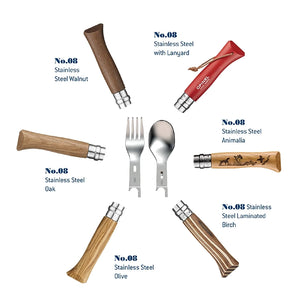 Opinel Picnic Cutlery Inset set, shown with the various knives that are compatible