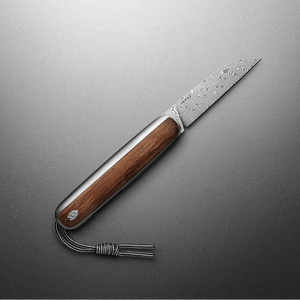 The James Brand Pike Damasteel blade open showing unique Wharncliffe shape