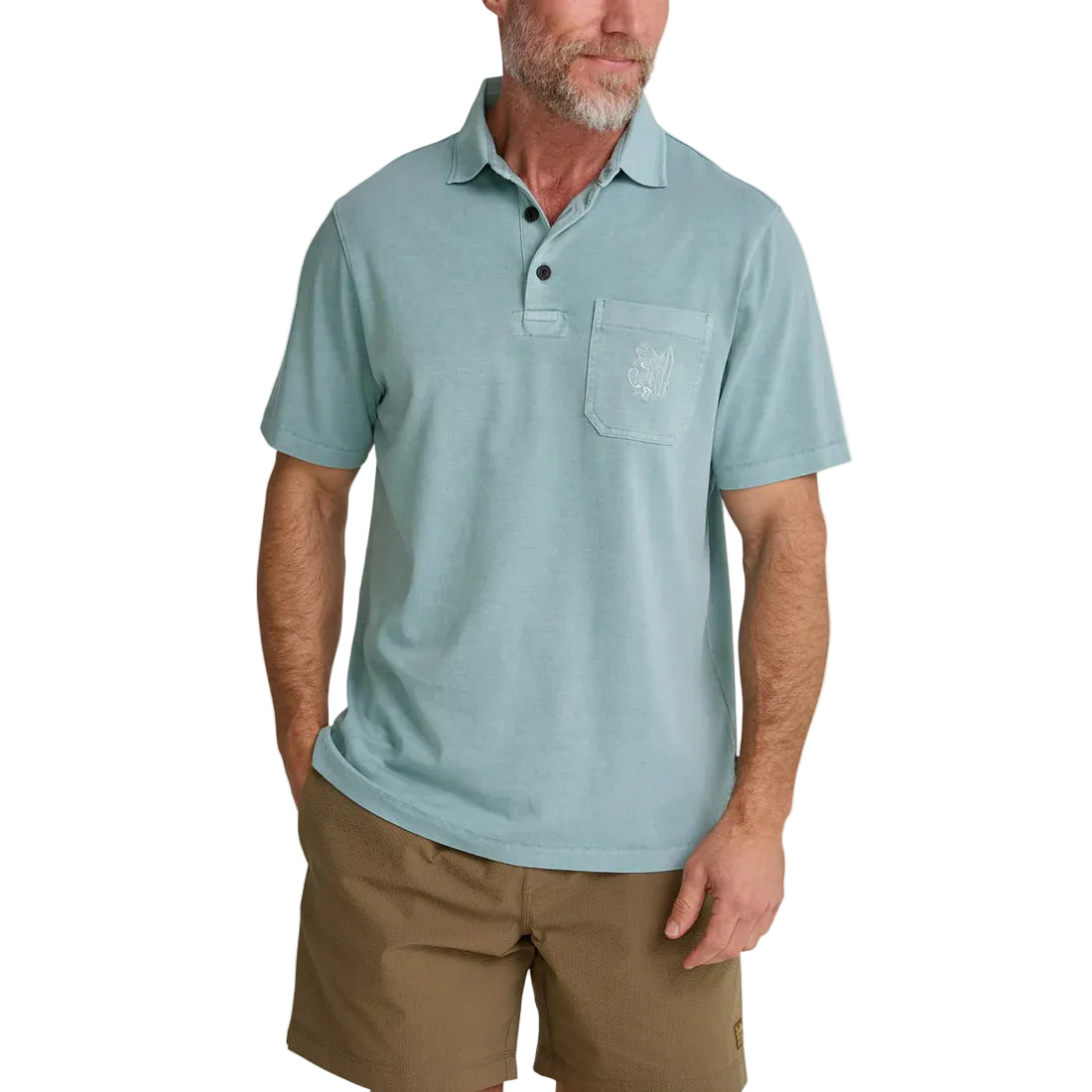 Howler Brothers Pilgrimage Polo Riviera Blue – men's short sleeve cotton pocket polo with El Monito embroidery