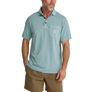 Howler Brothers Pilgrimage Polo Riviera Blue – men's short sleeve cotton pocket polo with El Monito embroidery