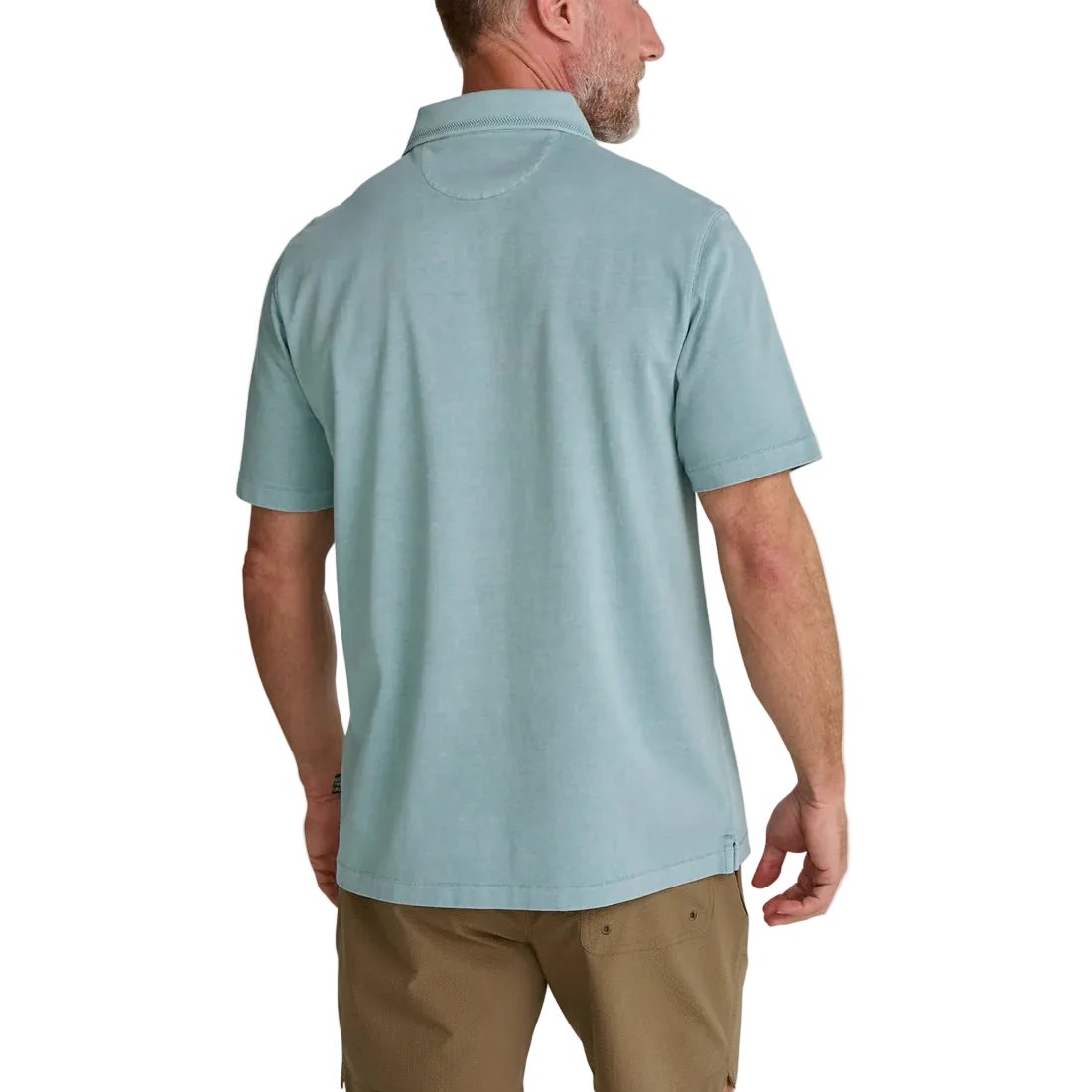 Howler Brothers Pilgrimage Polo in Riviera Blue – back view, garment-dyed cotton men's polo shirt