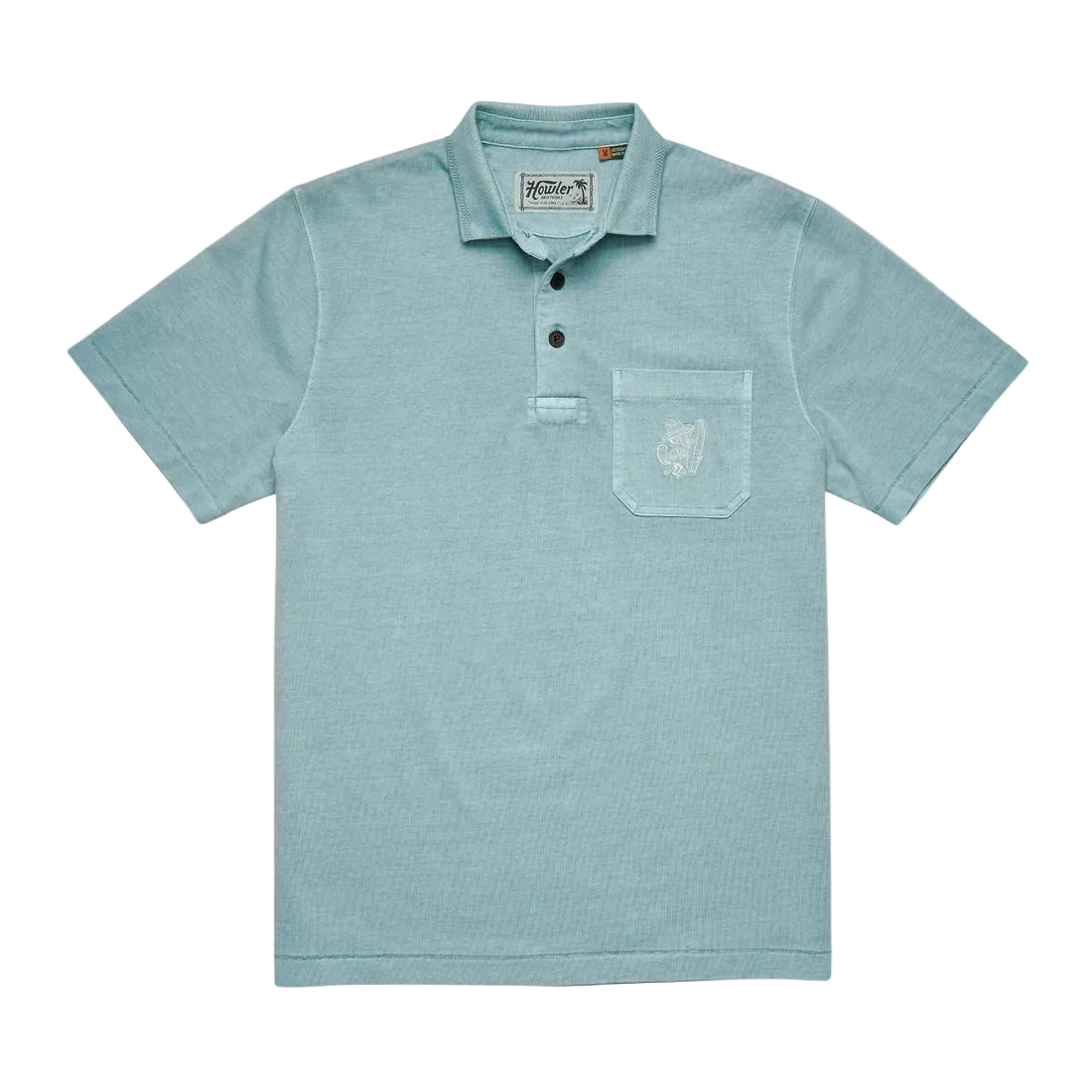 Howler Brothers Pilgrimage Polo Riviera Blue flat lay – 100% garment-dyed cotton men's polo shirt with chest pocket