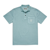Howler Brothers Pilgrimage Polo Riviera Blue flat lay – 100% garment-dyed cotton men's polo shirt with chest pocket