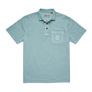 Howler Brothers Pilgrimage Polo Riviera Blue flat lay – 100% garment-dyed cotton men's polo shirt with chest pocket