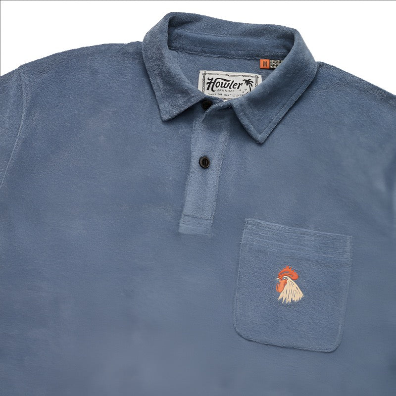Howler Brothers Plusherman Terry Polo in Blue Mirage Color, flat lay close up fabric  view