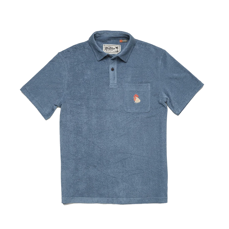 Howler Brothers Plusherman Terry Polo in Blue Mirage Color, flat lay view