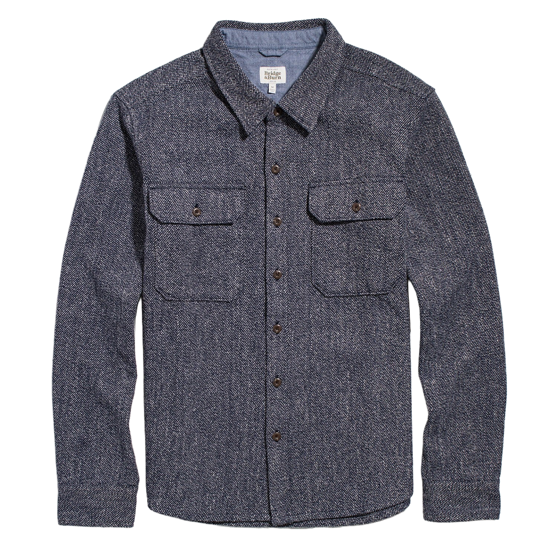 Pointer overshirt in Ocean Marl, navy and cream twill knit with two flap chest pockets, brown buttons and a chambray lined collar, flat lay - The Simple Man