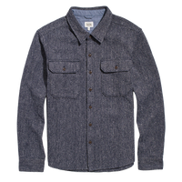 Pointer overshirt in Ocean Marl, navy and cream twill knit with two flap chest pockets, brown buttons and a chambray lined collar, flat lay - The Simple Man