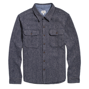Pointer overshirt in Ocean Marl, navy and cream twill knit with two flap chest pockets, brown buttons and a chambray lined collar, flat lay - The Simple Man