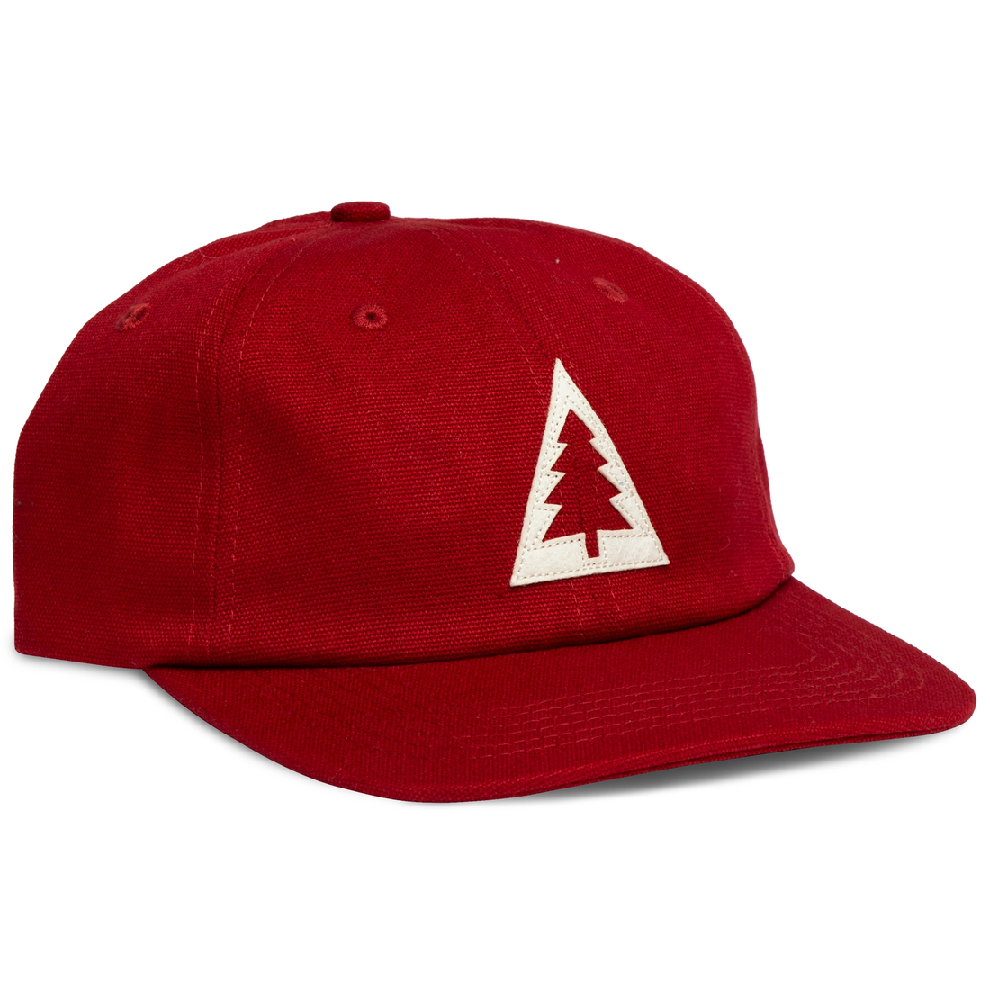 Garnet red unstructured 6-panel cotton cap with a cream felt pine tree on the front, three-quarter view