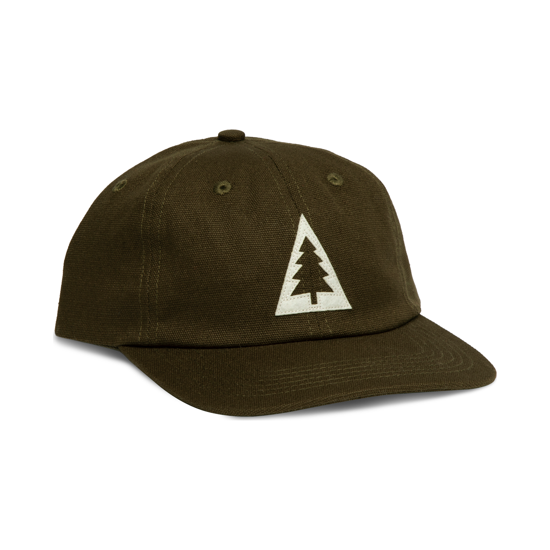 Moss green unstructured 6-panel cotton cap with a cream felt pine tree on the front, three-quarter view
