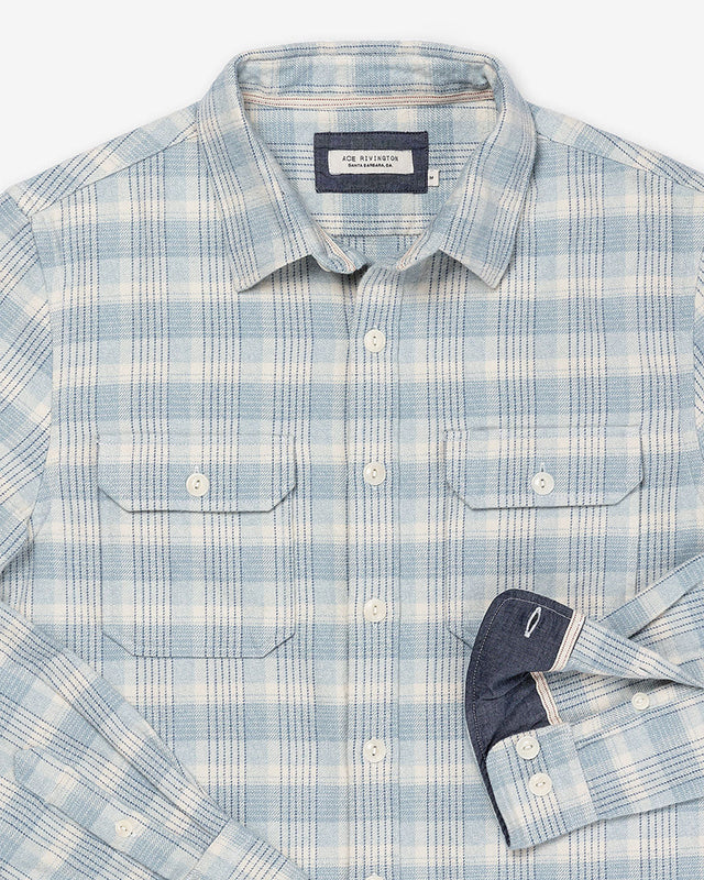 Ace Rivington Flannel in Spring Sky color, close up detail view