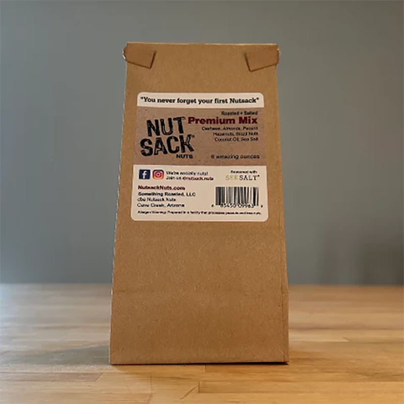 Nut Sack Premium Mix, snack bag of nuts, 6oz, back of bag