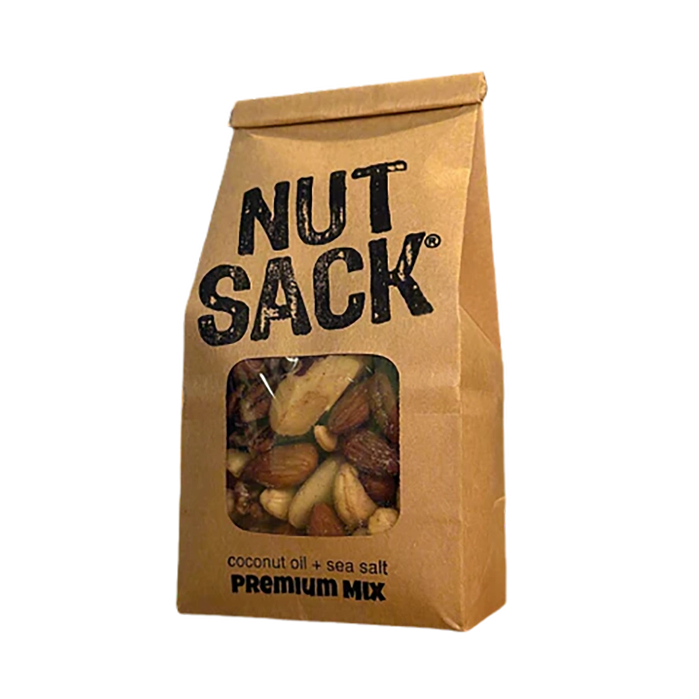 Kraft paper bag labeled 'Nut Sack' with a window showing a mix of nuts on a white background 12oz