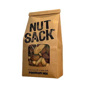 Kraft paper bag labeled 'Nut Sack' with a window showing a mix of nuts on a white background 12oz