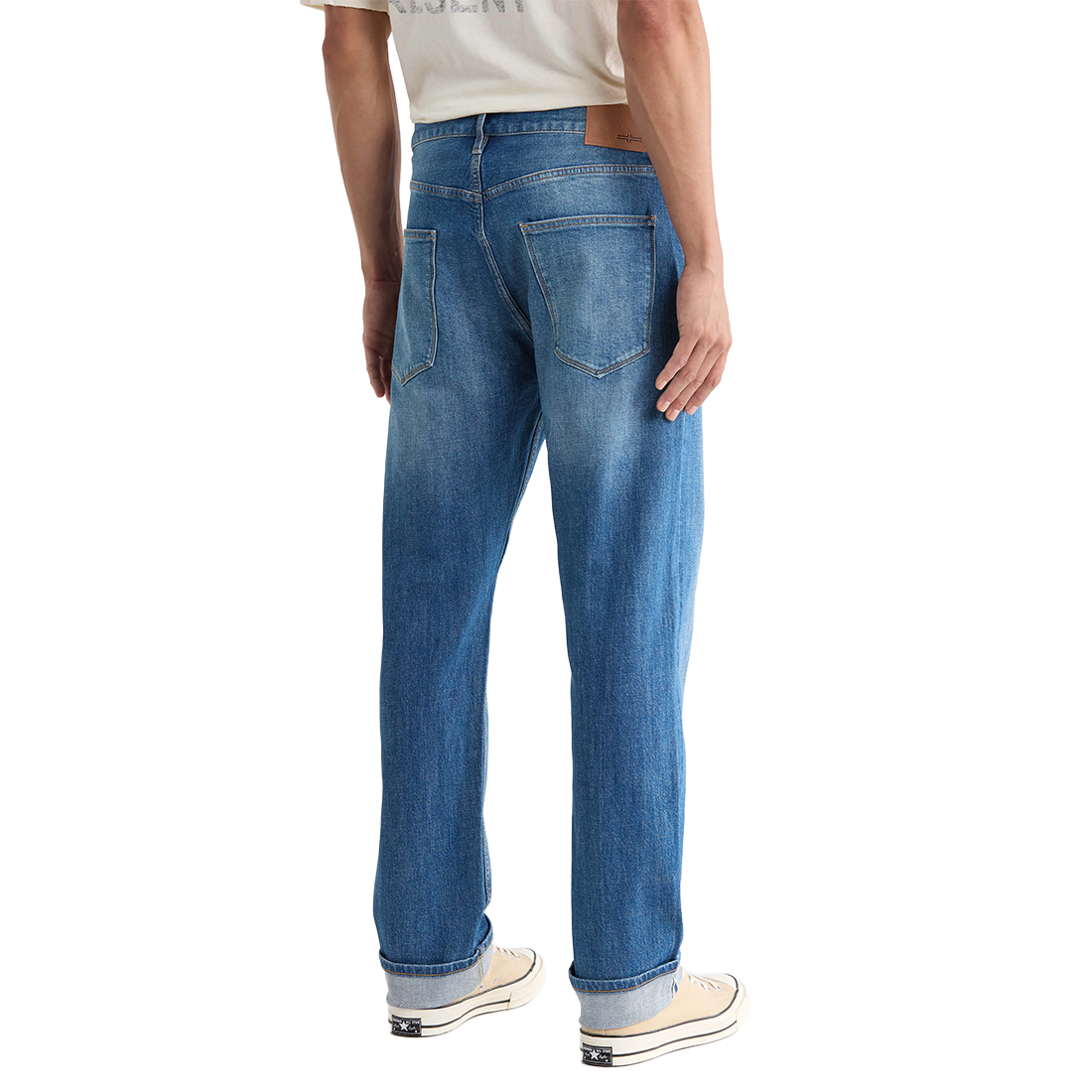 Back view of Preston straight leg jeans showing back pockets, leather waistband patch and a faded seat