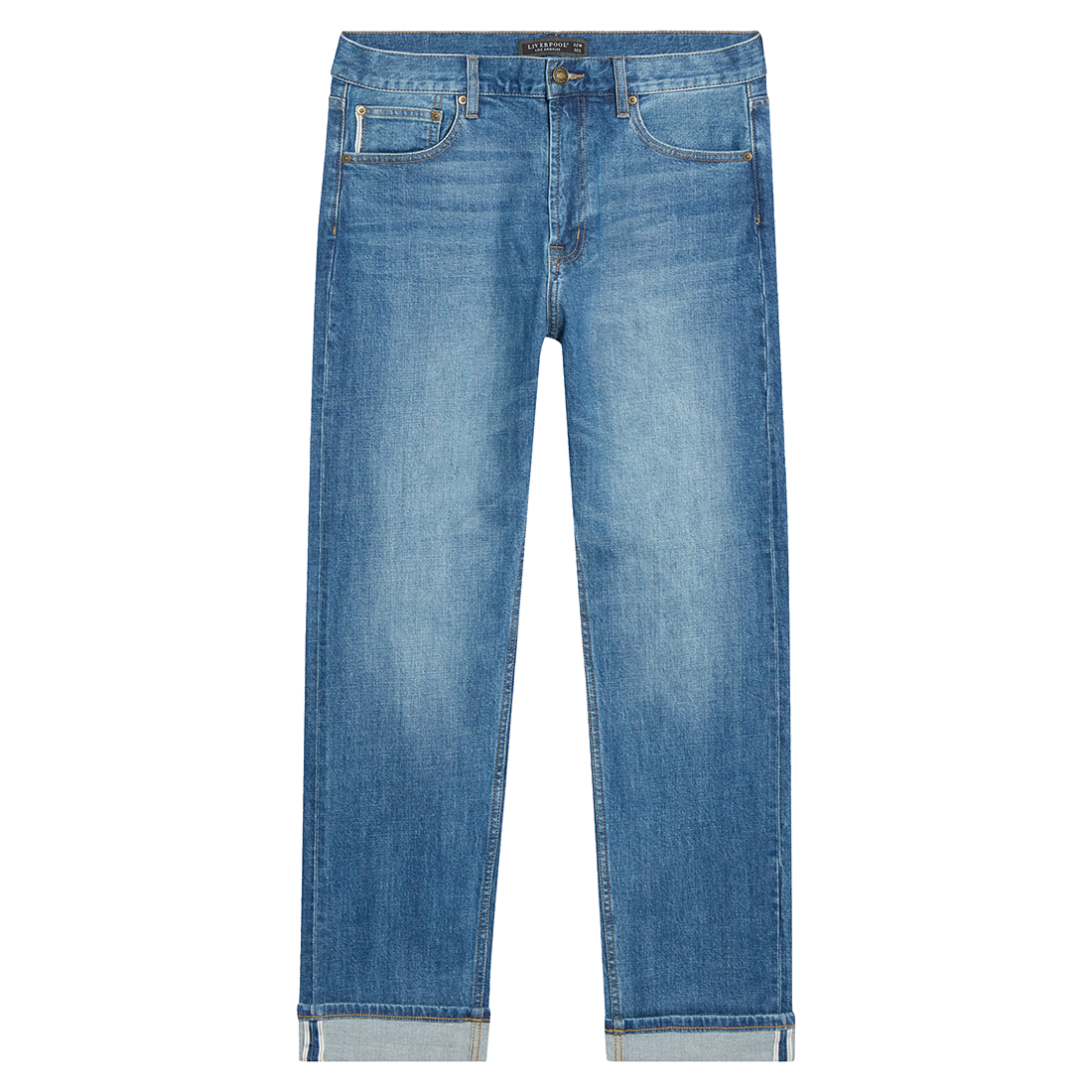 Flat lay of Preston straight jeans in medium blue Pembridge wash with faded thighs and rolled cuffs