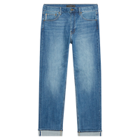 Flat lay of Preston straight jeans in medium blue Pembridge wash with faded thighs and rolled cuffs